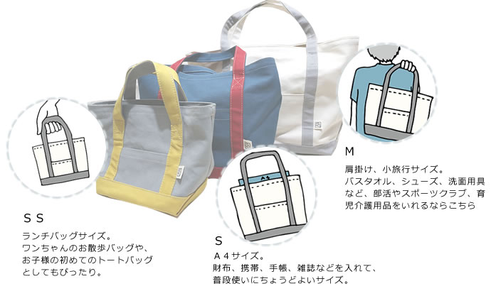 SS:ランチバッグサイズ。
ワンちゃんのお散歩バッグや、
お子様の初めてのトートバッグ
としてもぴったり。
S:A4サイズ。
財布、携帯、手帳、雑誌などを入れて、
普段使いにちょうどよいサイズ。
M:肩掛け、小旅行サイズ。
バスタオル、シューズ、洗面用具など、部活やスポーツクラブ、育児介護用品をいれるならこちら